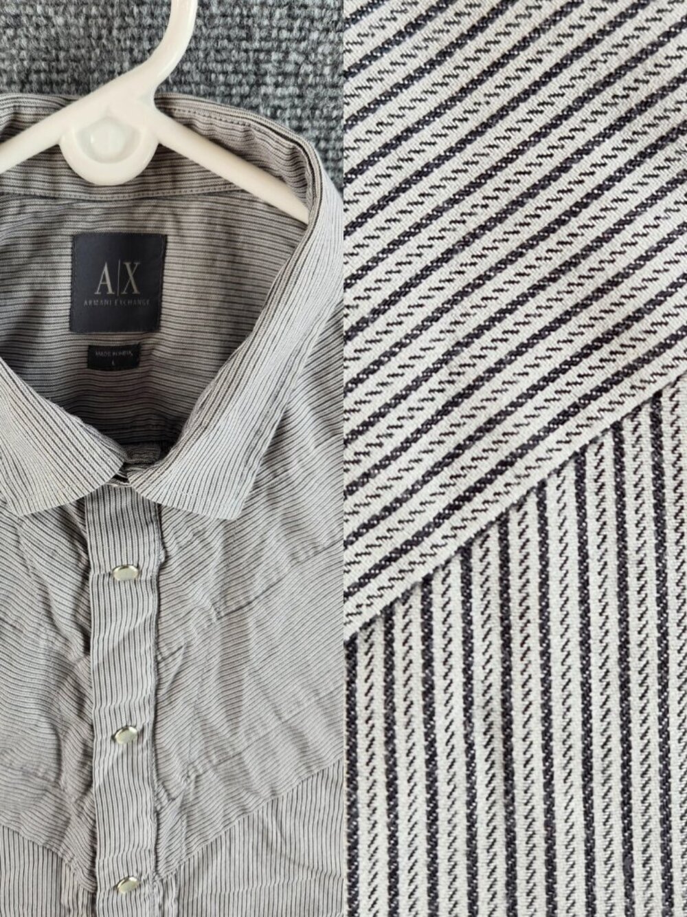 Armani Exchange Large Black White Striped Short Sleeve Pearl Snap Double Collar